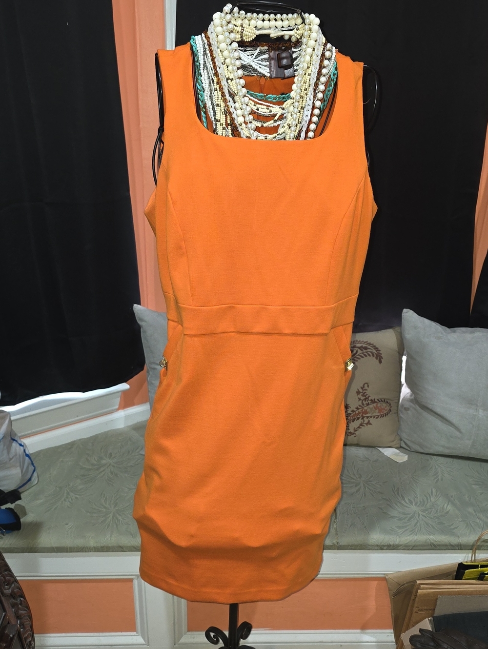 Andrea Jovine Bright Orange Sleeveless Scoop Midi Dress
